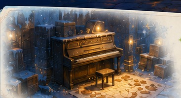 An old piano glowing inside a cold storage room